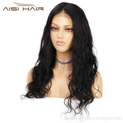 Aisi Hair Wholesale 20 Inch Long Wavy Natural Black Wig 4x4  Lace Frontal Wigs Human Hair Lace Front Wigs For Women